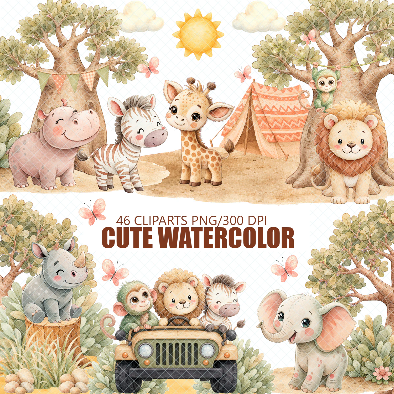 Kit Digital Safari Fofo – 46 Cliparts PNG